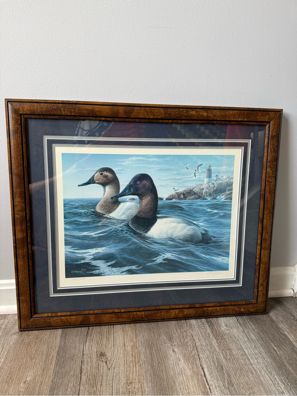 Rob Leslie 1989 Vintage Print Framed Ducks In Ocean Seagulls Numbered And Hand